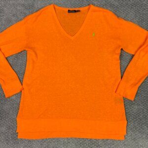 Polo Ralph Lauren Cotton Linen Blend Sweater Womens XL Orange Lightweight Hi Low